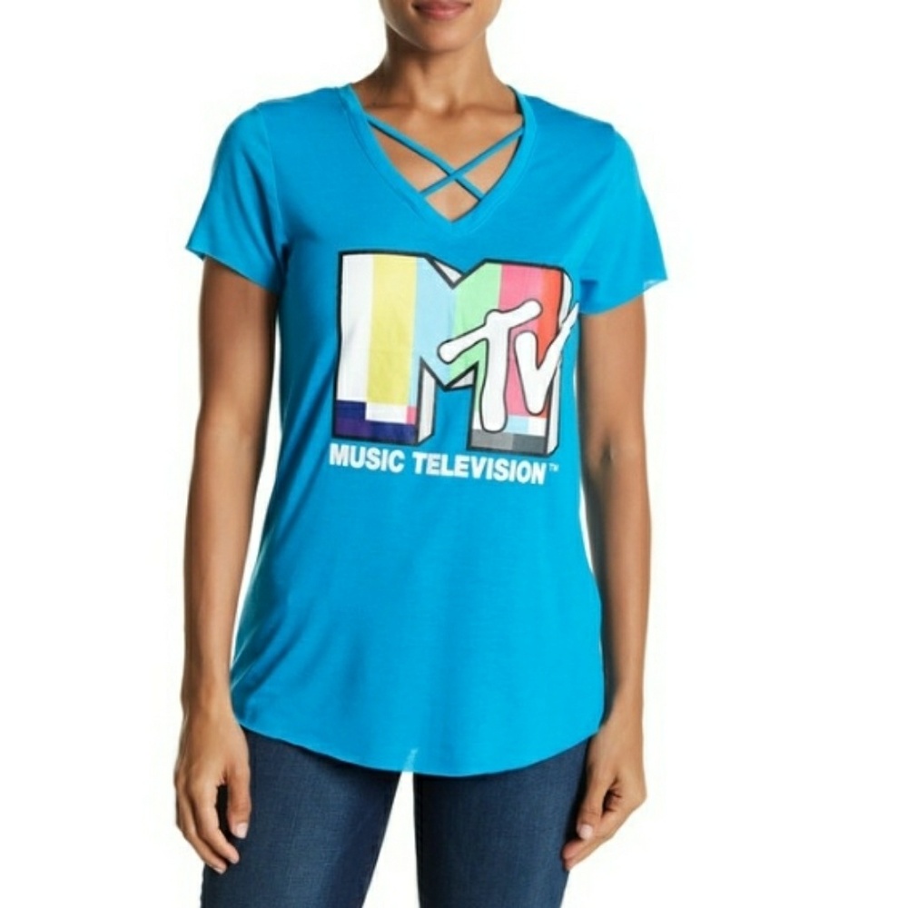 MTV Retro Graphic Crisscross V Neck Tshirt L & M
